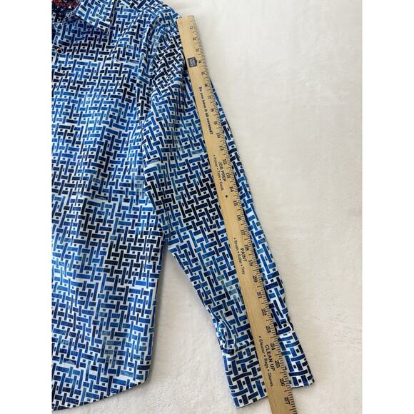 Robert Graham Weasill Geometric Print Shirt Mens Size XXL Blue White Flip Cuff - Picture 9 of 14